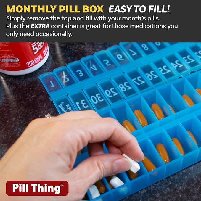 AM/PM 31 Day Once-a Day Monthly Pill Planner Organizers - Large Compartment Pill Boxes Store Medications for Entire Month Plus Compartment for Extra Pills (AM/PM) (Blue & Teal)