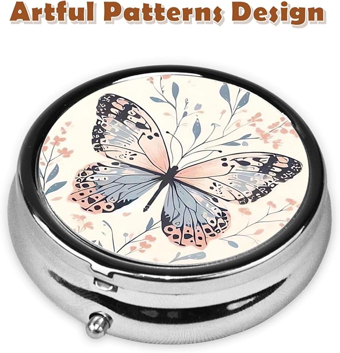 Metal Pill Organizer - 3-Compartment Mini Round Pill Case for Pocket & Purse, Portable Vitamin Holder, Easy-Open Design for Travel - Butterfly
