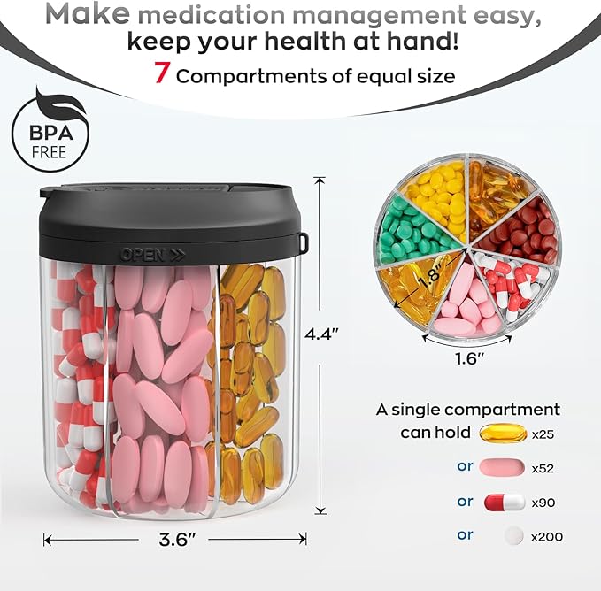 Pill Dispenser with 7 Large Compartments, Pill Bottle Organizer for Travel, Supplement Organizer with Anti-Mixing Design, BPA-Free Pill Container with 20 Pcs Labels, Black 2pcs