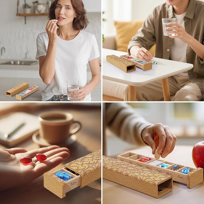 Wooden Pill Organizer, 7 Day Pill Box, Travel Pill Box, Wooden Pill Case Privacy Protection Perfect for Medication, Vitamins, Fish Oils, Supplements (Beech)