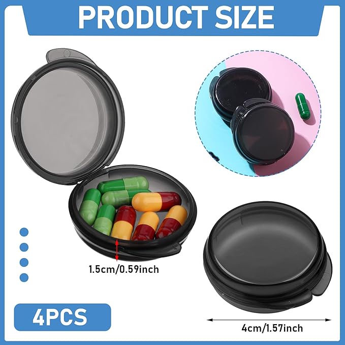 4 Pcs Mini Pill Organizer Small Pill Box Cute Portable Pill Case for Pocket Purse Travel Storage Containers Earplug Case Medicine Dispenser Vitamin Holder(4 Black)