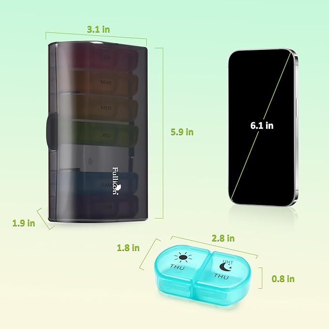 Fullicon Large Pill Organizer 2 Times a Day, Easy to Use AM PM 7 Day Pill Box, Secure Weekly Daily Pill Case, Durable Pill Container Travel, Portable Travel Medication Holder (Black Rainbow)