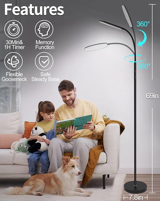 LanSuper Light Therapy Lamp, 10000 Lux UV-Free Happy Therapy Lamp, Full Spectrum Sunlight Lamp with Remote Control, Light Therapy Floor Lamp with 10 Color Temperature & 6 Brightness & Timer-Black