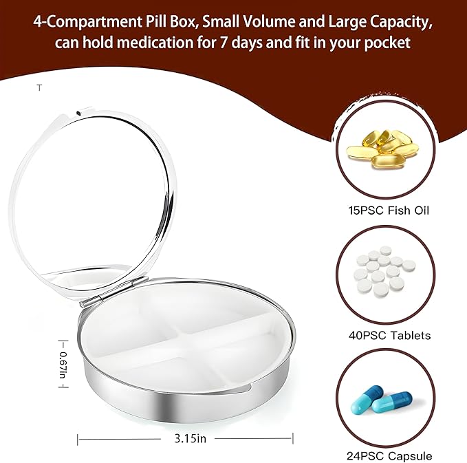 Weekly Pill Case, Medicine Planner, Vitamin Organizer Box, Portable Daily Pill Box with Compartments,Pocket Purse Metal Medicine Organizer Unique Gifts,Sun Moon