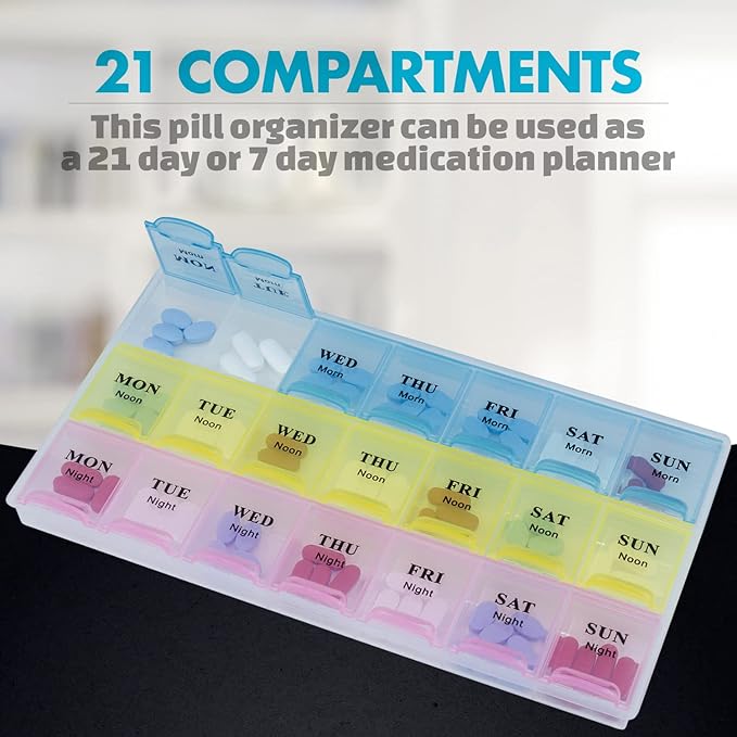 Weekly Pill Organizer - 21 Day Pill Planners for Pills Vitamins & Medication, 3 Times-a-Day Medication Reminder Boxes, Easy to Read & Travel Friendly (Case of 40pcs)