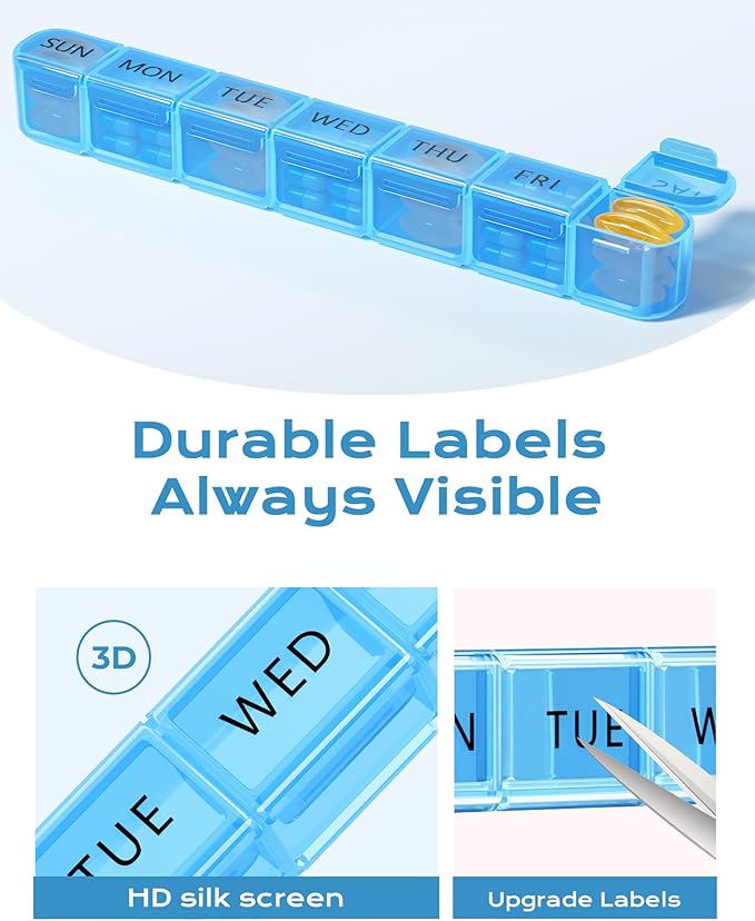 Daviky Weekly Pill Organizer, Large 7 Day Pill Box, Travel Pill Case, Daily Pill Dispenser for Vitamins, Medicines, Supplements, and Fish Oil(Blue)