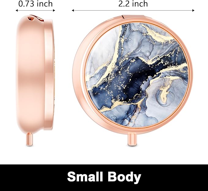 Rouidr Pill Box, 3 Compartment Medicine Pill Case, Small Metal Travel Medicine Box for Purse & Pocket, Rose Gold, Dark Grey Marble
