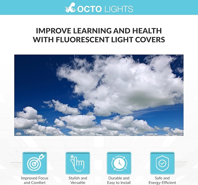 OCTO LIGHTS Fluorescent Light Covers Cloud Sky Panel for Ceiling Lights, Light Covers for Ceiling Lights Classroom 2x4 (22.38"x46.5") Backlit Film Insert for Fluorescent Light Fixtures (Pack of 1)
