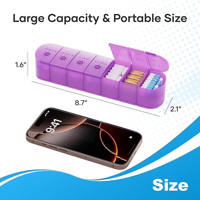 2 Layers Weekly Pill Organizer 2 Times a Day, Travel Medicine Pill Organizer, Pill Box Case 7 Day AM PM BPA-Free, Pill Container for Vitamins, Fish Oil, Supplements and Medication, Purple