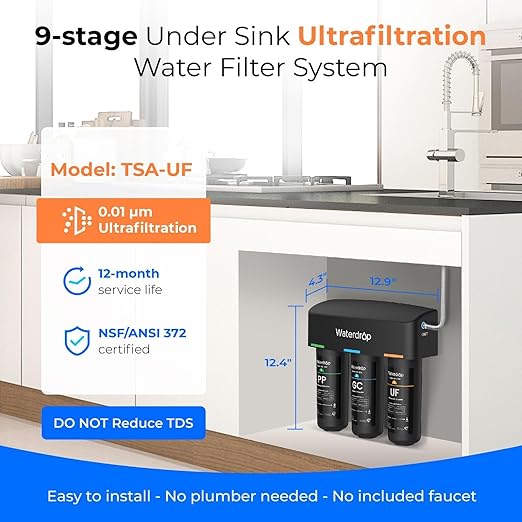 Waterdrop WD-TSA-UF 0.01 μm Ultra Filtration Under Sink Water Filter, Under Sink Water Filtration System 9 Stage Filtration, Reduces Chlorine, Taste and Odor, Fluoride, Advanced USA Tech