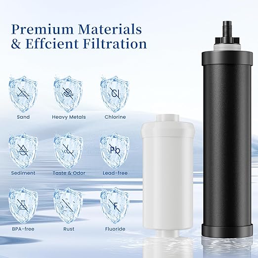 Gravity Water Filter System, 2.25G Stainless Steel Countertop System Water Purifier with Stand, Reduce 99% Chlorine for Home Camping Backpacking RVing, 2 Carbon and 2 Fluoride Filters