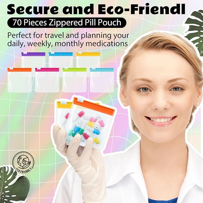 70 Pcs Pill Pouch Bags Zippered Reusable Medicine Pouches Travel Plastic Pill Bags Self Sealing Medicine Organizer with Slide Lock for Medication, Vitamins, Jewelry, Daily Small Items(Bright Style)