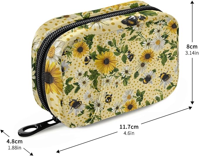 Yellow Dotted Bee and Daisy Travel Pill Organizer Case Box Container Weekly Portable Vitamin Medicine Holder Storage Bag with Zipper Removable