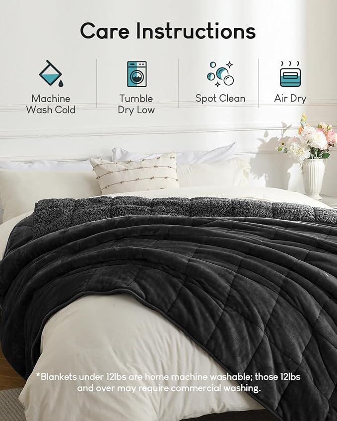 Cottonblue Weighted Blanket 15lbs 80x87 Inches for Queen King Size Bed, Ultra Soft Sherpa Fleece Weighted Throw Blankets for Relax and Sleep, Cozy Breathable Winter Heavy Bed Blanket, Black