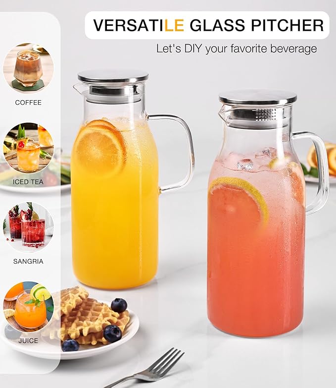Glass Pitcher with Lid, 2 Liter 68oz Water Pitcher with Handle for Fridge, Large Drink Jug for Iced Tea, Coffee, Juice, Borosilicate Glass Carafe for Hot/Cold Brew Beverage, Heat Resistant