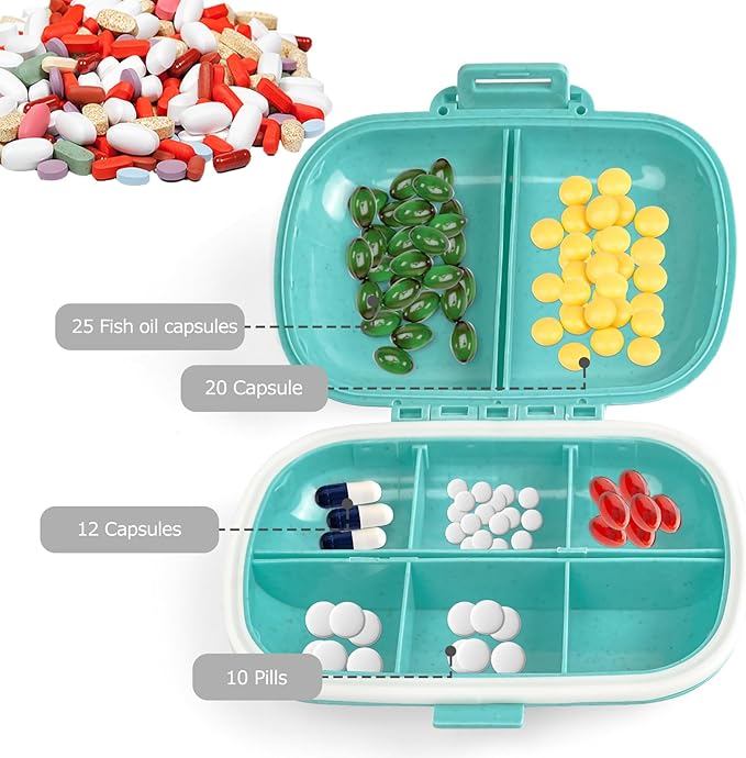 1Pack Travel Pill Organizer & 56 Medicine Name Stickers, 8 Compartments Portable Pill Case, Small Pill Box for Pocket Purse Portable Medicine Vitamin Container with Stickers (Blue with Stickers)