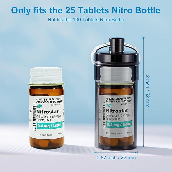 Keychain Pill Holder for Nitroglycerin, 3 Pack Mini Waterproof Portable Travel Purse Pocket Pill Case, Keychain Fob Container for 25ct Nitro/Nitroglycerin Bottle (3pcs-Black + Blue + Silver)