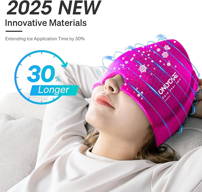 ONLYCARE Migraine Relief Cap, Soothing Migraine Mask, Upgraded Odorless Gel Ice Head Wrap, Hot and Cold Therapy, Headache Ice Pack for Tension, Stress, Hangover (Bright Pink)