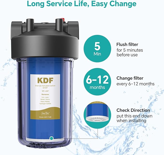 SimPure Whole House Water Filter Cartridges 10" x 4.5" GAC/KDF Carbon and Heavy Metal Filter, for DB10C-2KDF, DB10P, WGB21B-KS, FG15B-KS, GE FXHTC, GXWH40L, 6 Pack