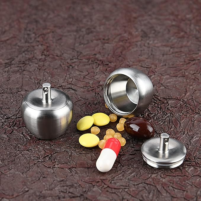 Pill Keychain Holder, Stainless Steel Mini Apple Shaped Pill Case Waterproof Portable Medicine Box Sealed Jar Keychain Pendant for Outdoor Camping Travel