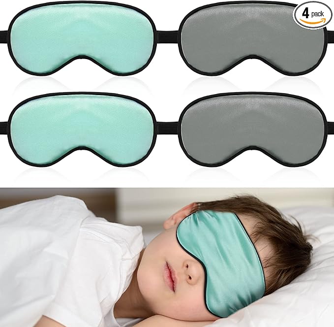 Sintege 4 Pcs Silk Eye Mask for Sleeping Kids Soft Eye Cover with Adjustable Strap Blindfold for Kids Boys Girls Christmas Travel Gift Nap Shade Blocking Light(Green, Gray)