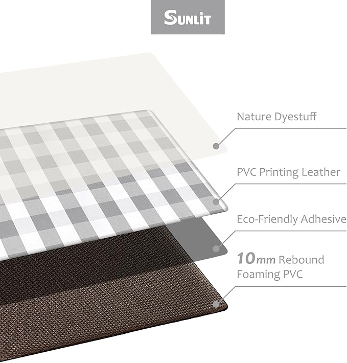 Sunlit Set of 2 Anti Fatigue Kitchen Floor Mat, Non Slip Waterproof Comfort Standing Mat, 0.4 Inch Thick Cushioned Farmhouse Kitchen Rug Runner, Gray and White Buffalo Plaid(Size:17"x28"&17"x47")