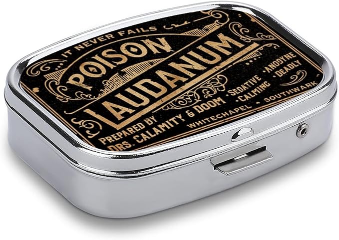Metal 2 Compartment Pill Organizer Travel Friendly Portable Compact Pill Box Cute Pill Case to Hold Vitamins/Fish Oil/Supplements/Meds/Tablet for Purse/Pocket (Poison Laudanum)