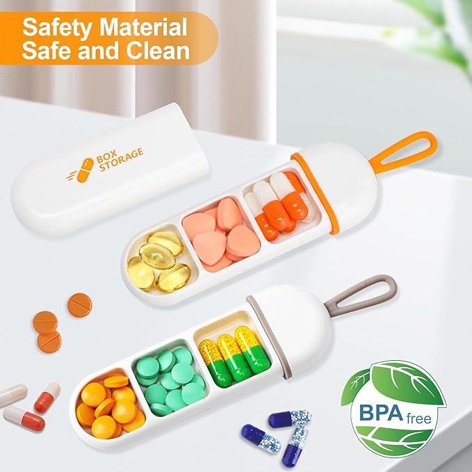 Toplive 2 Pack Travel Pill Organizer, Portable Pill Container Mini Daily Pill Organizer, Small Pill Case Travel Medicine Organizer Pocket Vitamin Supplement Fish Oil Box, White Orange & White Grey