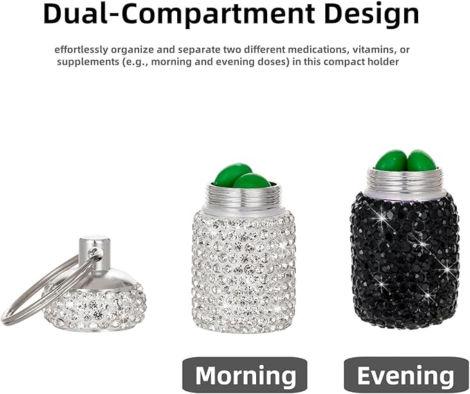 Dual-Compartment Small Pill Holder Keychain Bling Pill Container with Key Chain Travel Pill Organizer Medicine Box for Women (White+Black)