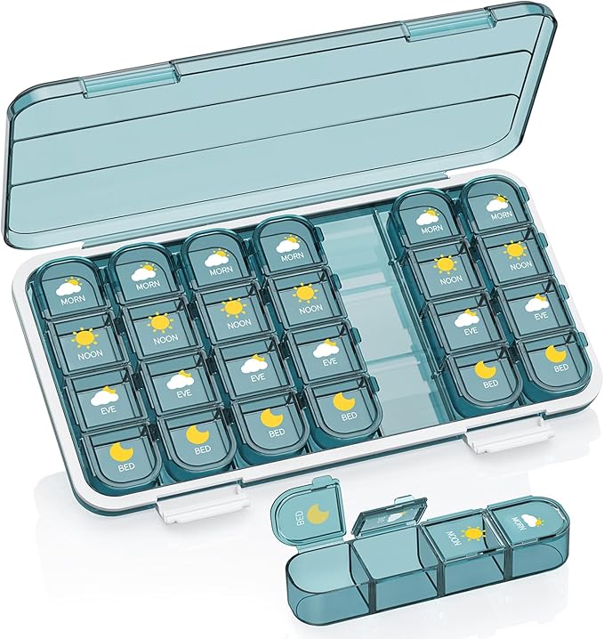 Pill Organizer 4 Times A Day, Pill Box 7 Day, Acedada Weekly (4X A Day) Travel Medicine Organizer Box, Large Pill Container Case Vitamins Holder Pill Dispenser, Blue