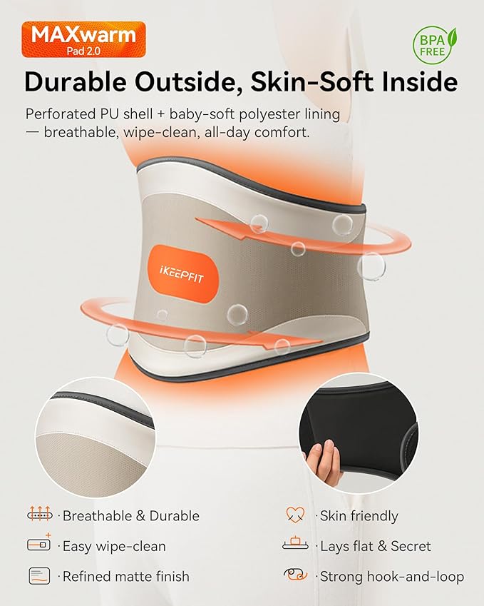 Portable Heating Pad for Back & Period Cramps, MAXwarm 2.0, Cordless Lower Back & Menstrual Heated Pad with Massager for Pain Relief, Wearable Heat Belt, Extra Large 70" (Grey)