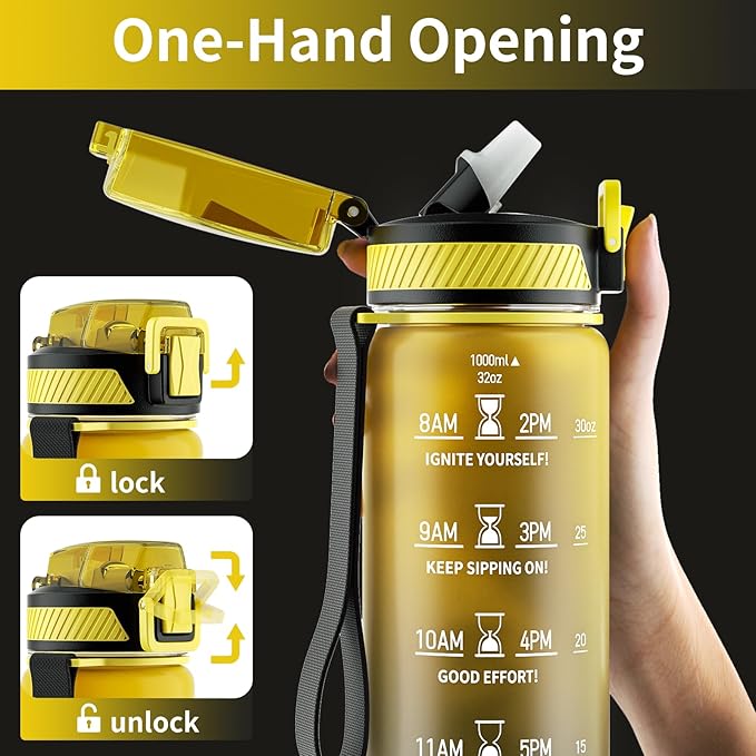 Water Bottle with Straw, 32oz Motivational Water Bottles with Time Marker to Drink, Tritan BPA Free, 1L Sports Water Bottle with Carry Strap LeakProof for Women Gym Fitness Outdoor (1 Pack)