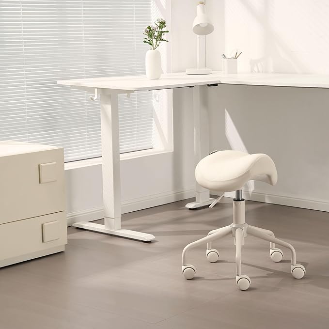 Adjustable Height Hydraulic Rolling Swivel Stool Chair with Metal Base and Faux Leather Cushion for Salon, Medical, Office and Home, 503 Kai Series, Saddle Seat, Vanilla