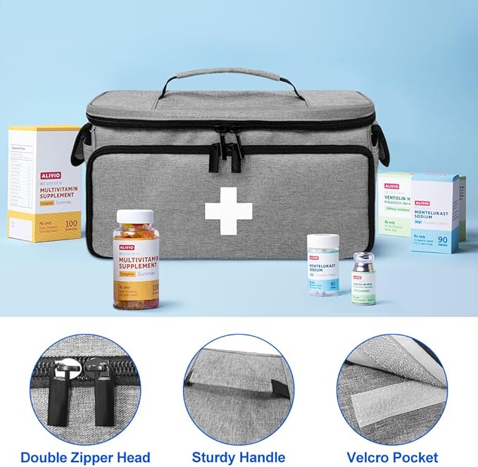 Medicine Bag, First Aid Kit, Medicine Storage Box, Medicine Bag for Traveling, Holds Pills, Vitamins and Medical Supplies, Medicine Bottle Organizer for Home Storage and Travel Use, Grey