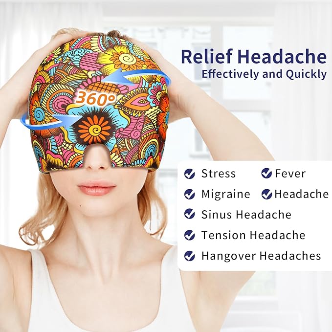 ZNÖCUETÖD Migraine Relief Cap Headache Relief Cap Cold Cap Ice Hat for Migraines Headache Sinus Stress Tension Head Ice Pack Wrap Migraine Mask Hangover Cap Ice Beanie Hot/Cold Compress Gift for Women