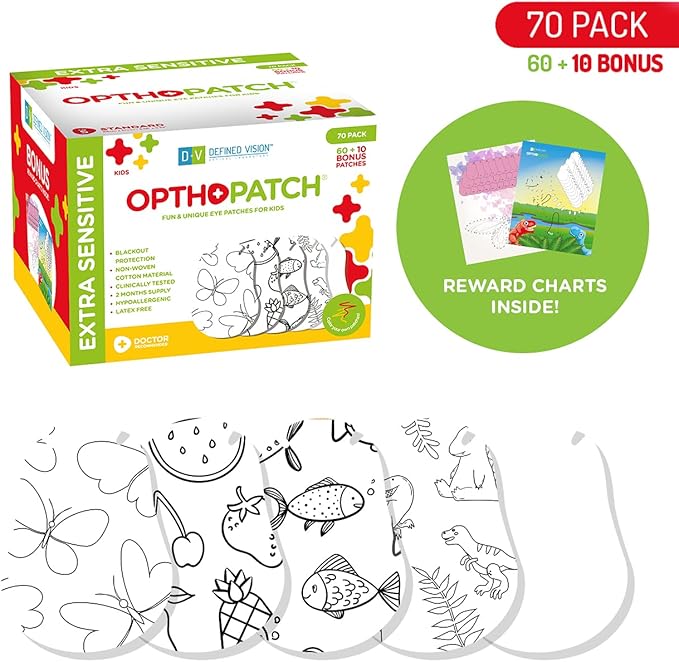 Opthopatch Eye Patches for Kids - Extra Sensitive Adhesive - Color Your Own Patch - 70 Count + 2 Reward Charts