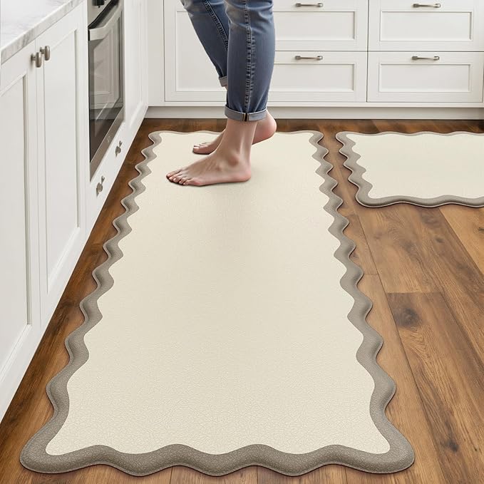 Scalloped Kitchen Mats Rugs Sets of 2 Cushioned Anti Fatigue Floor Mat Waterproof Kitchen Rugs Non Slip Foam Comfort Standing Mat for Sink Laundry, Khaki