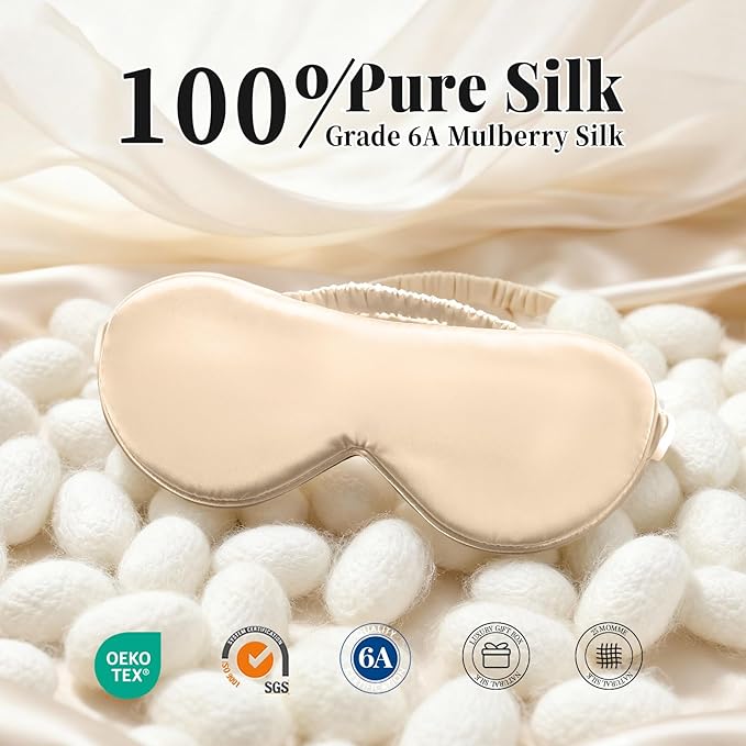 THXSILK 6A+ Grade 25 Momme Silk Sleep Mask, 100% Mulberry Blackout Eye Mask for Sleeping, Soft Lightweight Silk Eye Cover for Women, Men, Travel, Nap, Airplane(4.7×27.5inches, Champagne)