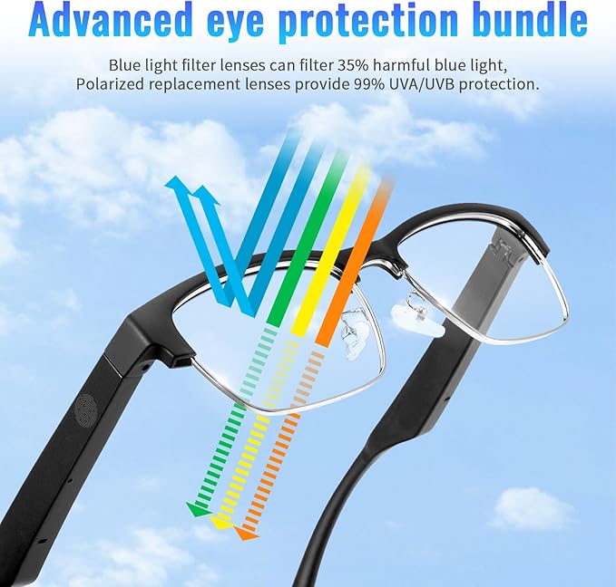 Bluetooth Audio Smart Glasses - Blue Light Glasses for Women and Men, Open Ear Sound with Mic & Speakers, Blue Light Filter & Polarized Sunglasses Lenses，Silver