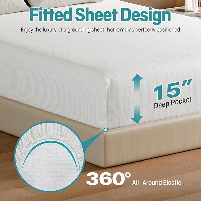 Grounding Fitted Sheets Twin Size, Grounding Sheets Twin with 10% Silver Fiber, 15'' Deep Pocket Grounded Fitted Bed Sheets for Better Sleep & Wellness, 39" x 75"x15", White