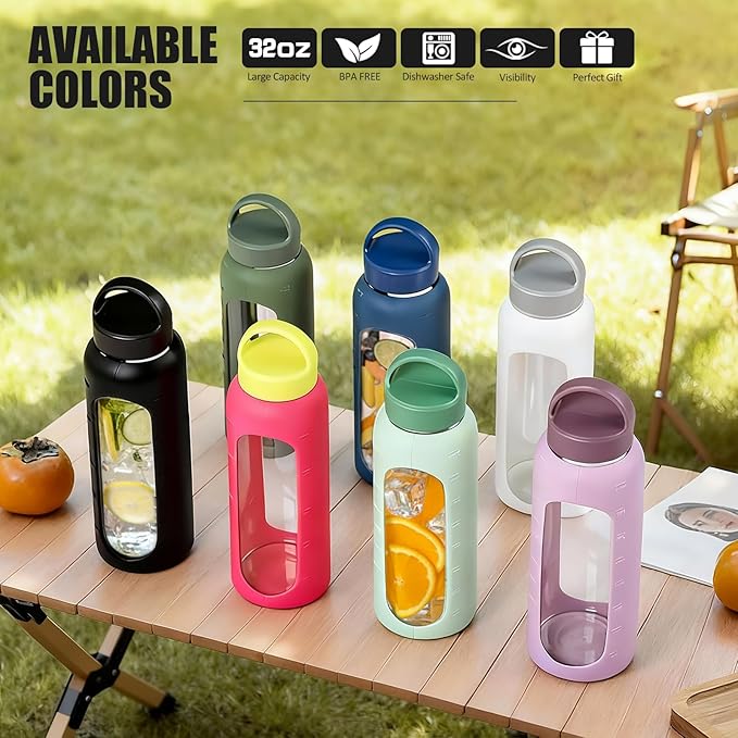 Kodrine 24oz Glass Water Bottle With Straw-2 lids-Reusable Daily Water Intake Glass Bottle with Measurements,Silicone Sleeve, Time Marker, Cupholder Friendly for Home,Gym,Sports-Green