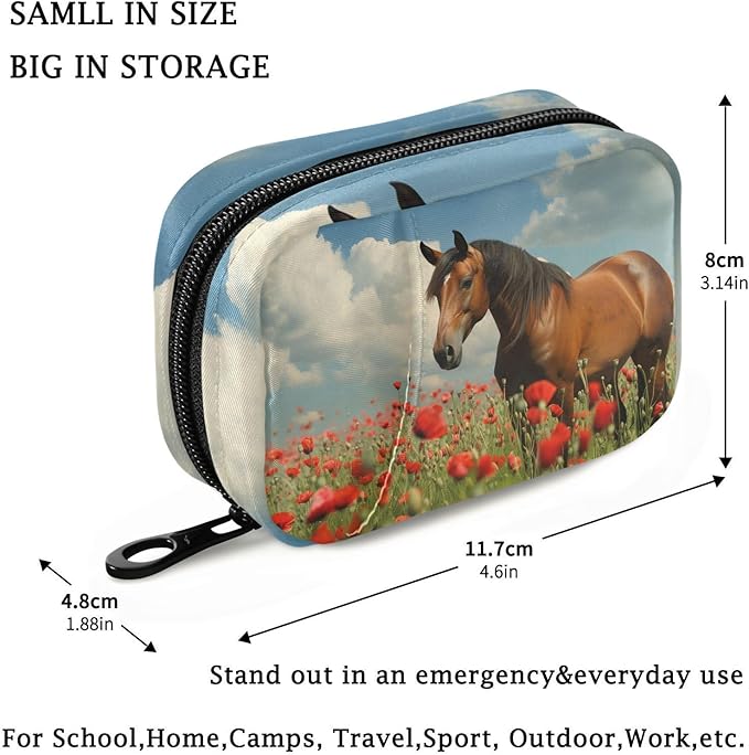 Fustylead Mane Horse Walking in Poppy Flower Field Pill Organizer Case with Zipper 2 Times A Day for Vitamin and Supplement, 7 Day Travel Organizer Medicine Case