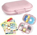 1Pack Travel Pill Organizer & 56 Medicine Name Stickers, 8 Compartments Portable Pill Case, Small Pill Box for Pocket Purse Portable Medicine Vitamin Container (Pink with Stickers)
