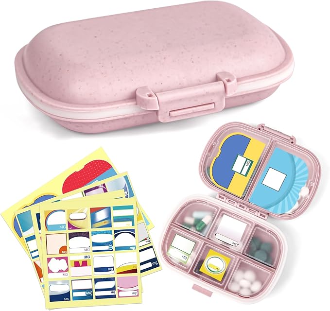 1Pack Travel Pill Organizer & 56 Medicine Name Stickers, 8 Compartments Portable Pill Case, Small Pill Box for Pocket Purse Portable Medicine Vitamin Container (Pink with Stickers)