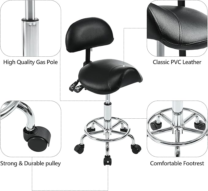 Saddle Stool with Back Support, Rolling Stools with Foot Rest, Ergonomic Backrest Adjustable Height & Angle Salon Stool with Wheels for Salon Spa Tattoo Massage
