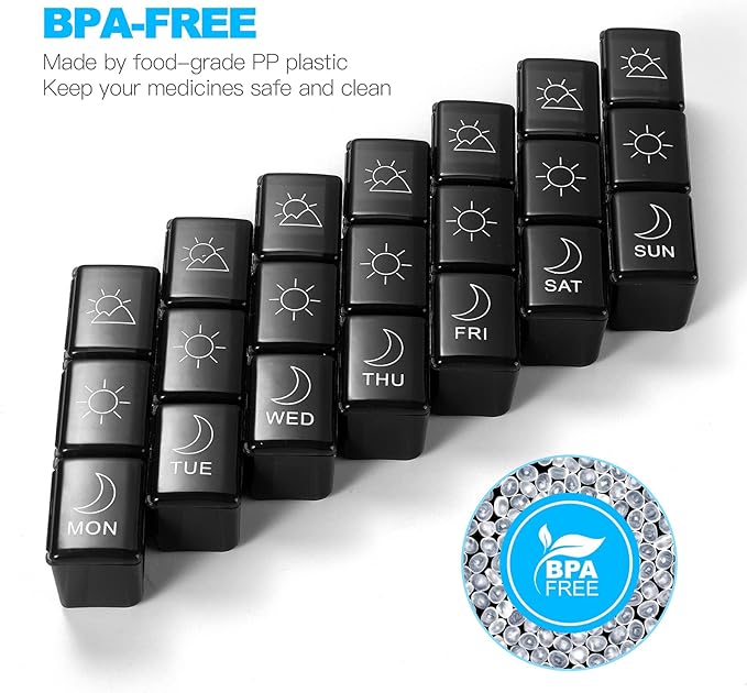 Weekly Pill Organizer 7 Day 3 Times, Portable Pill Organizer, BPA Free Pill Case, Travel Daily Pill Box Reminder, Medication Organizer for Vitamins, Supplements (Black1)