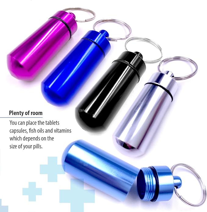 Deke Home - 5 Pack Keychain Pill Holder, Waterproof Mini Aluminum Pill Case, Portable Travel Medicine Container, Food-Grade & Pocket-Sized Pill Organizer for Emergency, Nitro Glycerin, Vitamins