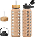 MUKOKO Glass Water Bottles, 32oz Glass Tumbler with Straw, Drinking Bottles with 2 Lids-Handle Spout Lid&Bamboo Straw Lid, Motivational Water Bottle with Time Marker and Silicone Sleeve, 1 Pack-Amber