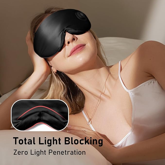 LitBear Heated Eye Mask, Silk Cordless Warm Eye Compress for Dry Eyes, Light Blocking Heat Eye Mask for Women Men, Soft Eye Heating Pad for Dry Eyes, Travel, Rechargeable, Washable Cover (Black)