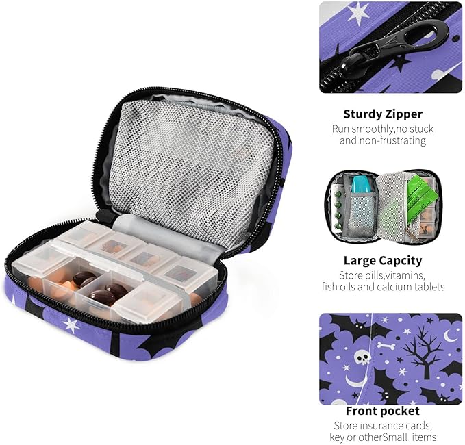 Halloween Bats Pill Box 7 Day Pill Case Travel Pill Organizer Bag with Zipper Portable Weekly Vitamin Medicine Supplement Holder Pouch Bag